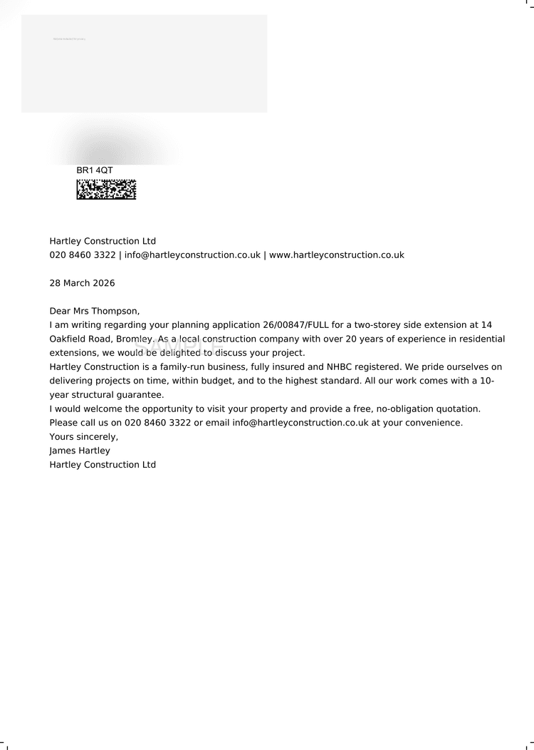 Sample letter to Hartley Construction about an extension project