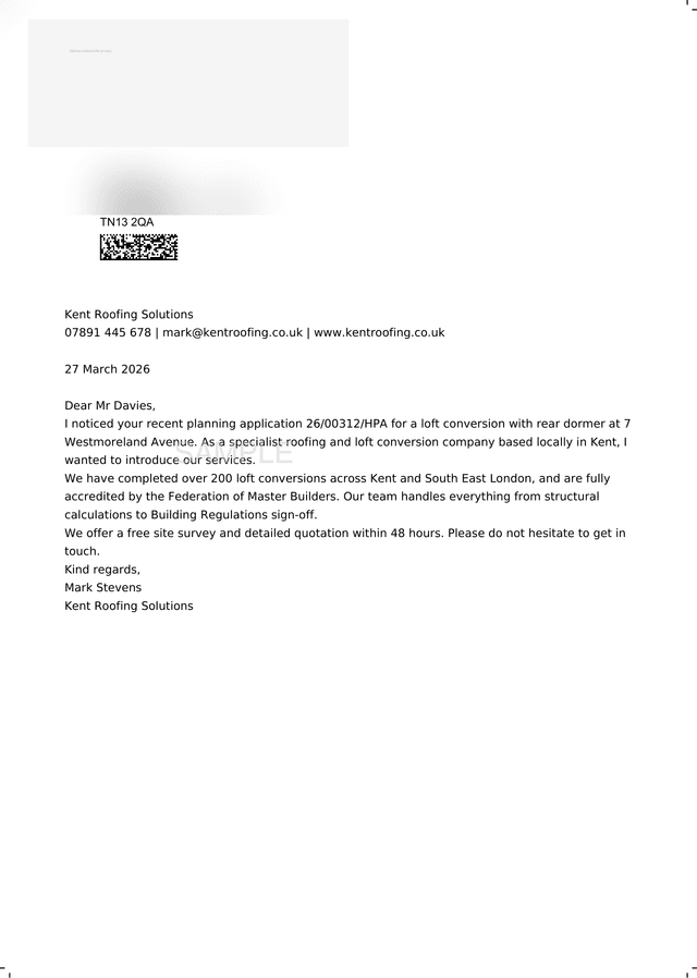 Sample letter to Kent Roofing Solutions about a loft conversion