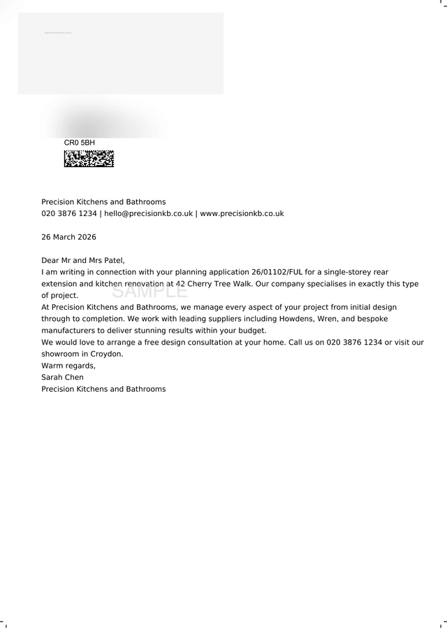 Sample letter to Precision Kitchens about a kitchen extension